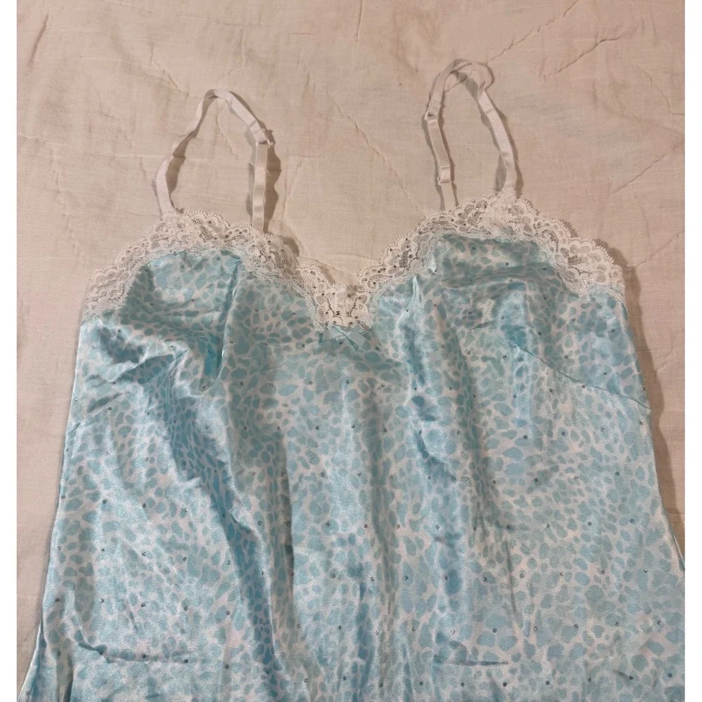 Victorias Secret Blue Leopard Satin Lace Trim Slip Dress Med Rhinestone Nighty